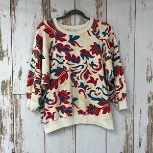 Vintage, Cream/Red/Blue Brocade Print Crewneck Sweater, Size Large.